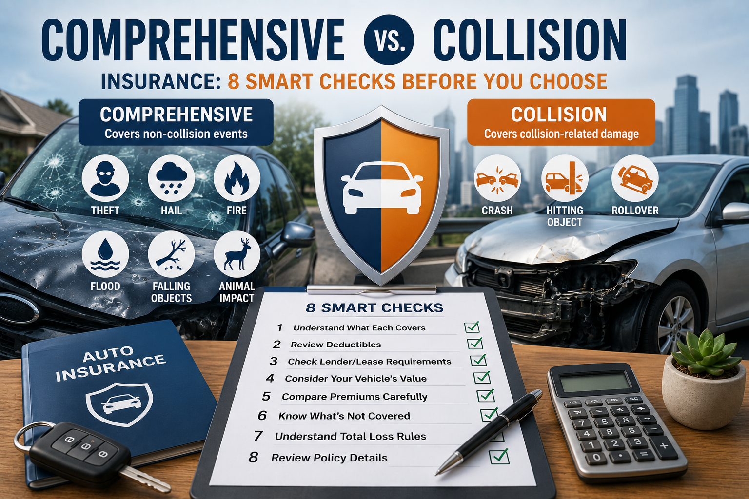 comprehensive vs collision insurance showing non-collision damage, crash damage, deductibles, lender requirements and policy checks