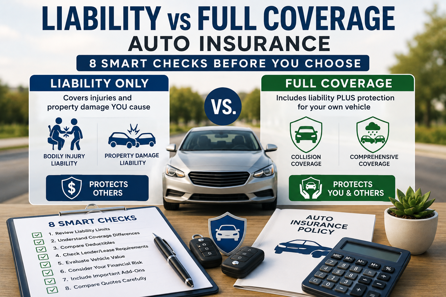 liability vs full coverage auto insurance showing liability protection, collision coverage, comprehensive coverage, deductibles and policy comparison