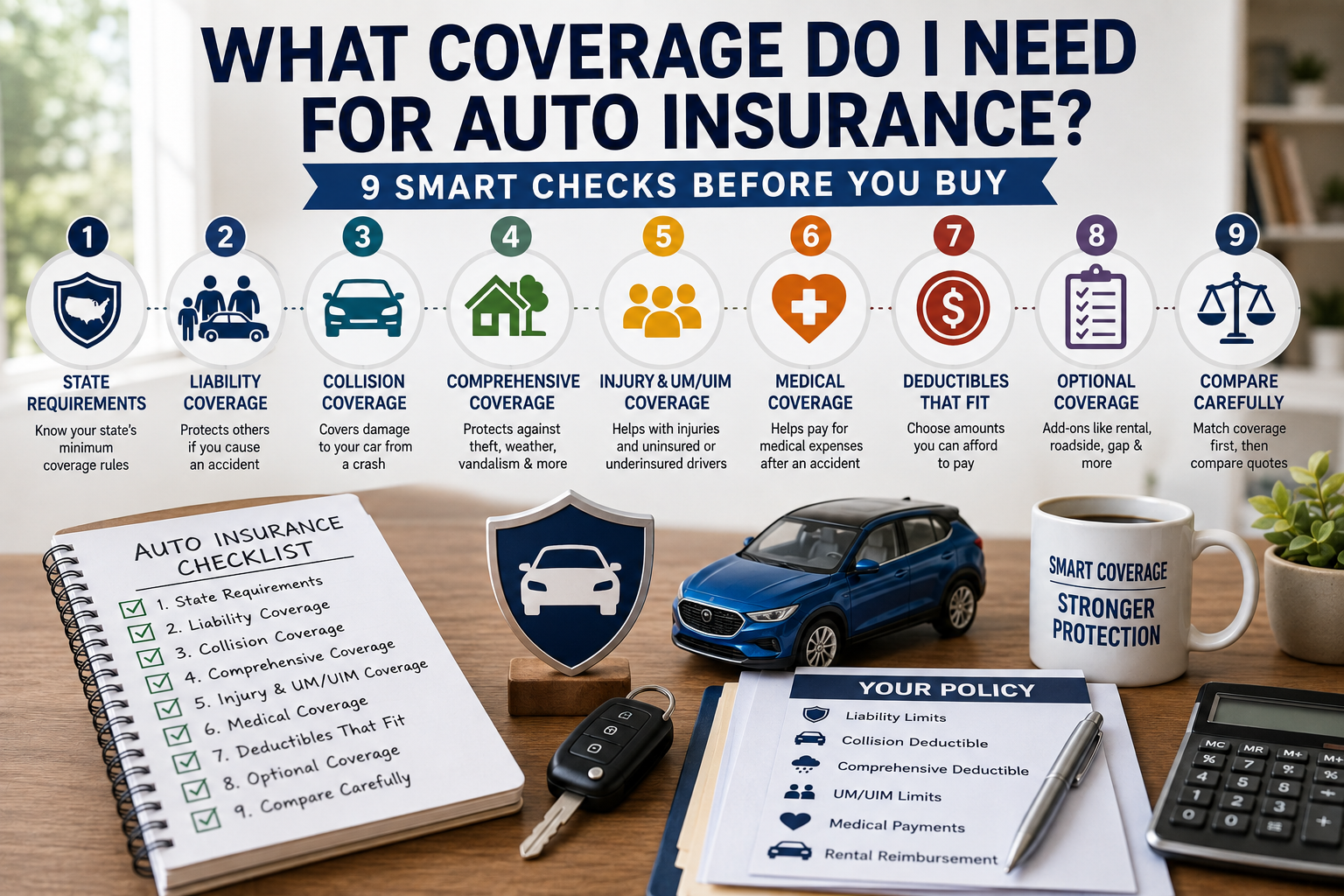what coverage do i need for auto insurance showing liability, collision, comprehensive, UM/UIM, medical coverage, deductibles and policy comparison