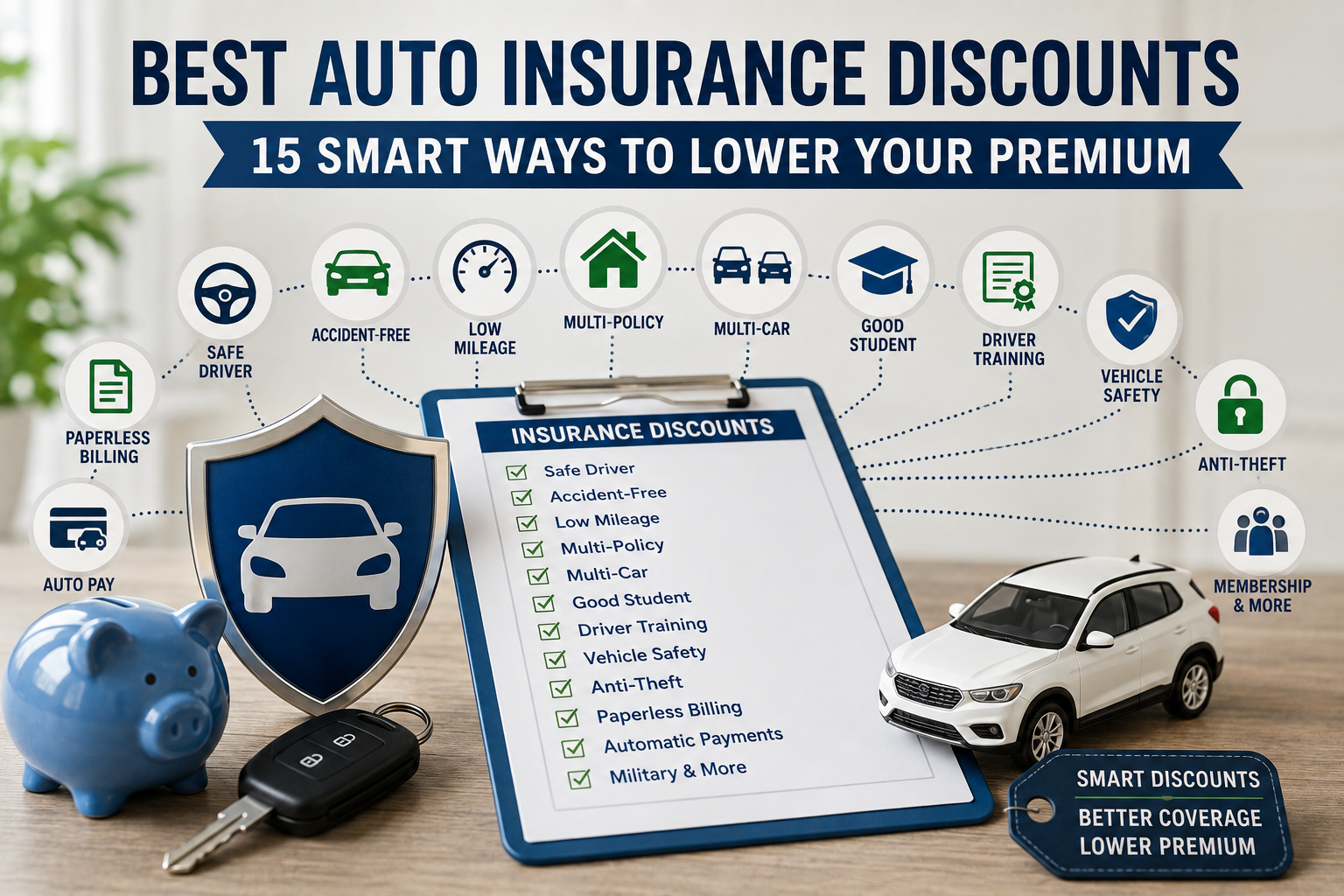 best auto insurance discounts showing safe driver, low mileage, multi-policy, multi-car, student, anti-theft and payment savings