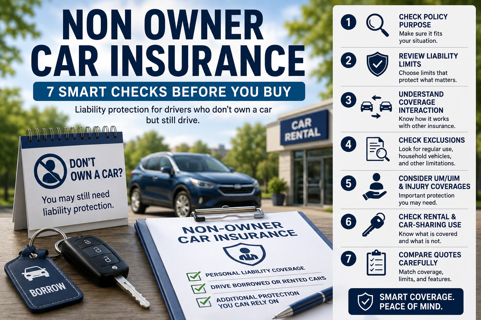 non owner car insurance showing borrowed vehicle use, liability protection, exclusions and quote comparison