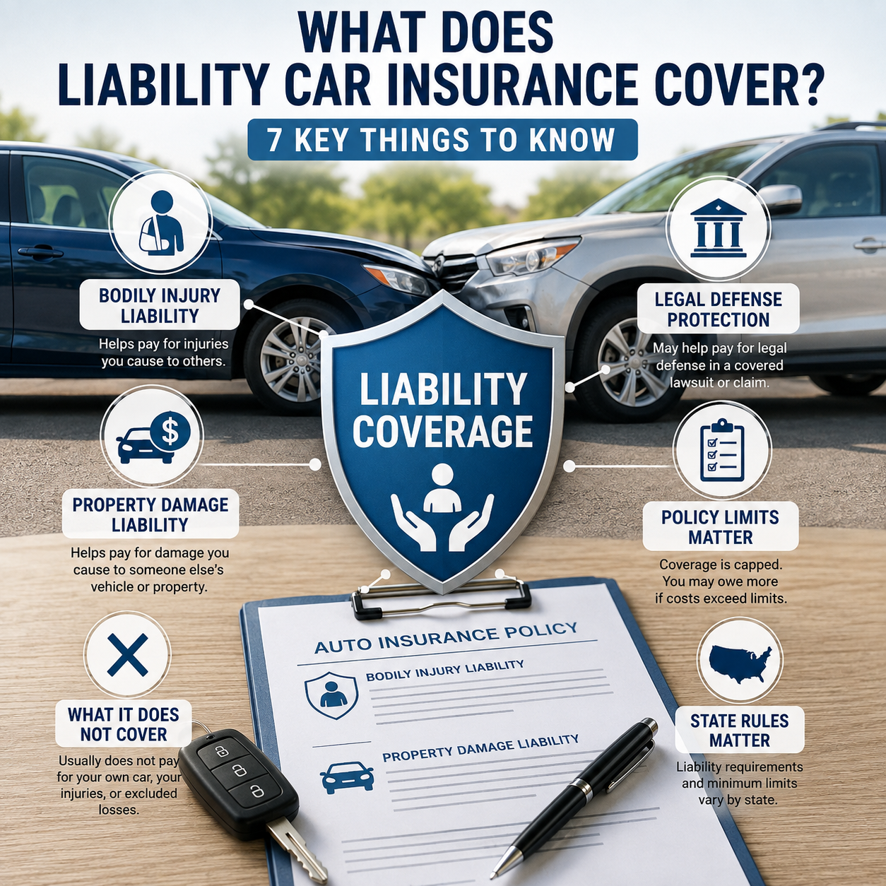 liability car insurance showing bodily injury, property damage, legal defense, policy limits and state rules