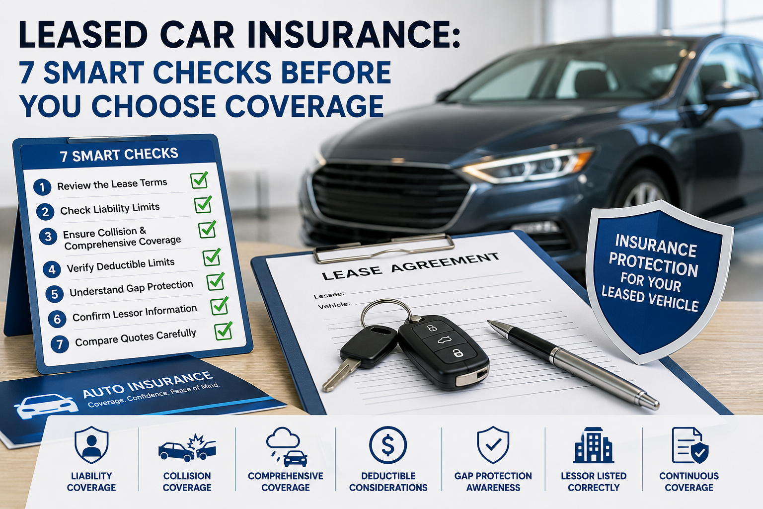 leased car insurance showing lease requirements, liability limits, collision, comprehensive, deductibles and gap protection