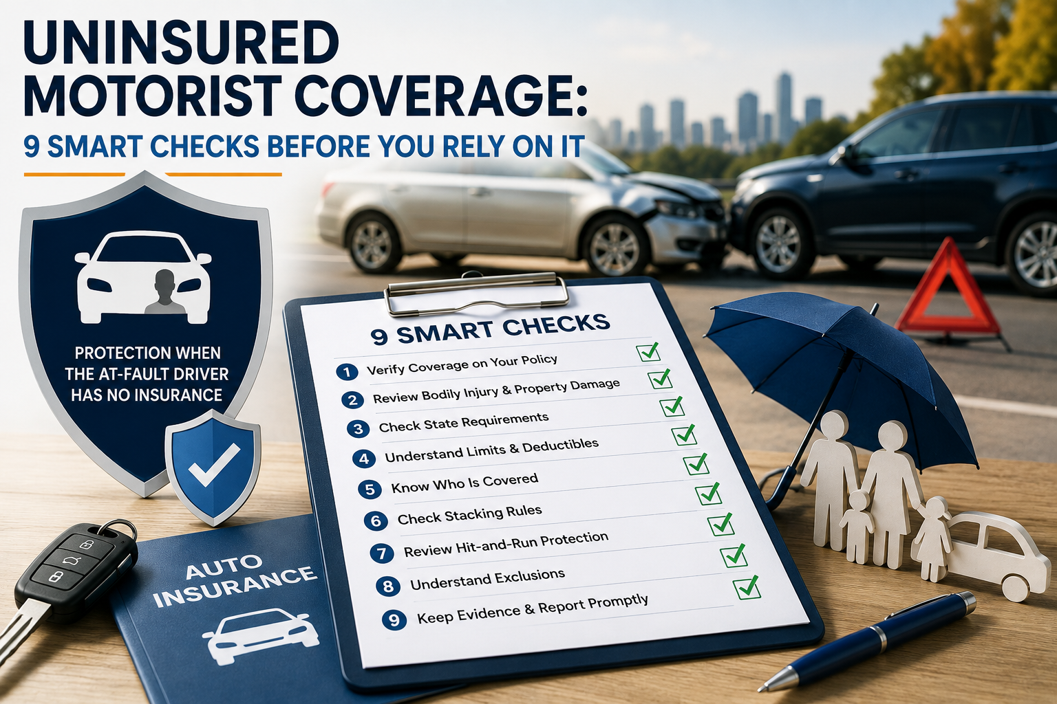 uninsured motorist coverage showing policy protection, hit-and-run risks, coverage limits, stacking rules and claim evidence