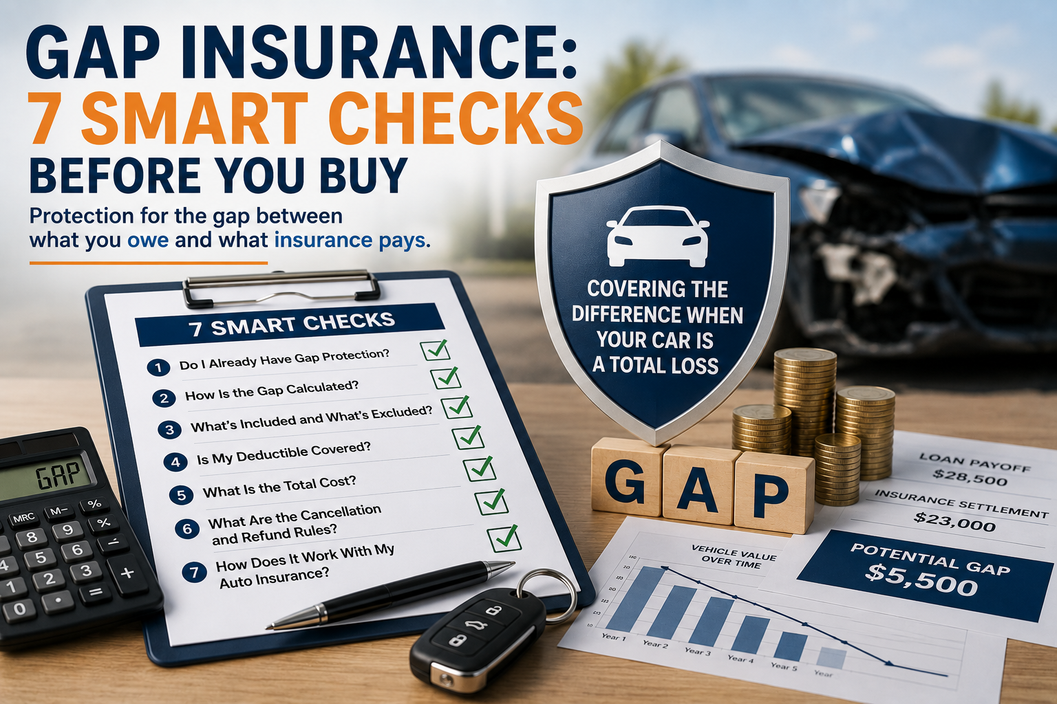 gap insurance showing total loss protection, loan payoff difference, coverage checks and vehicle value gap