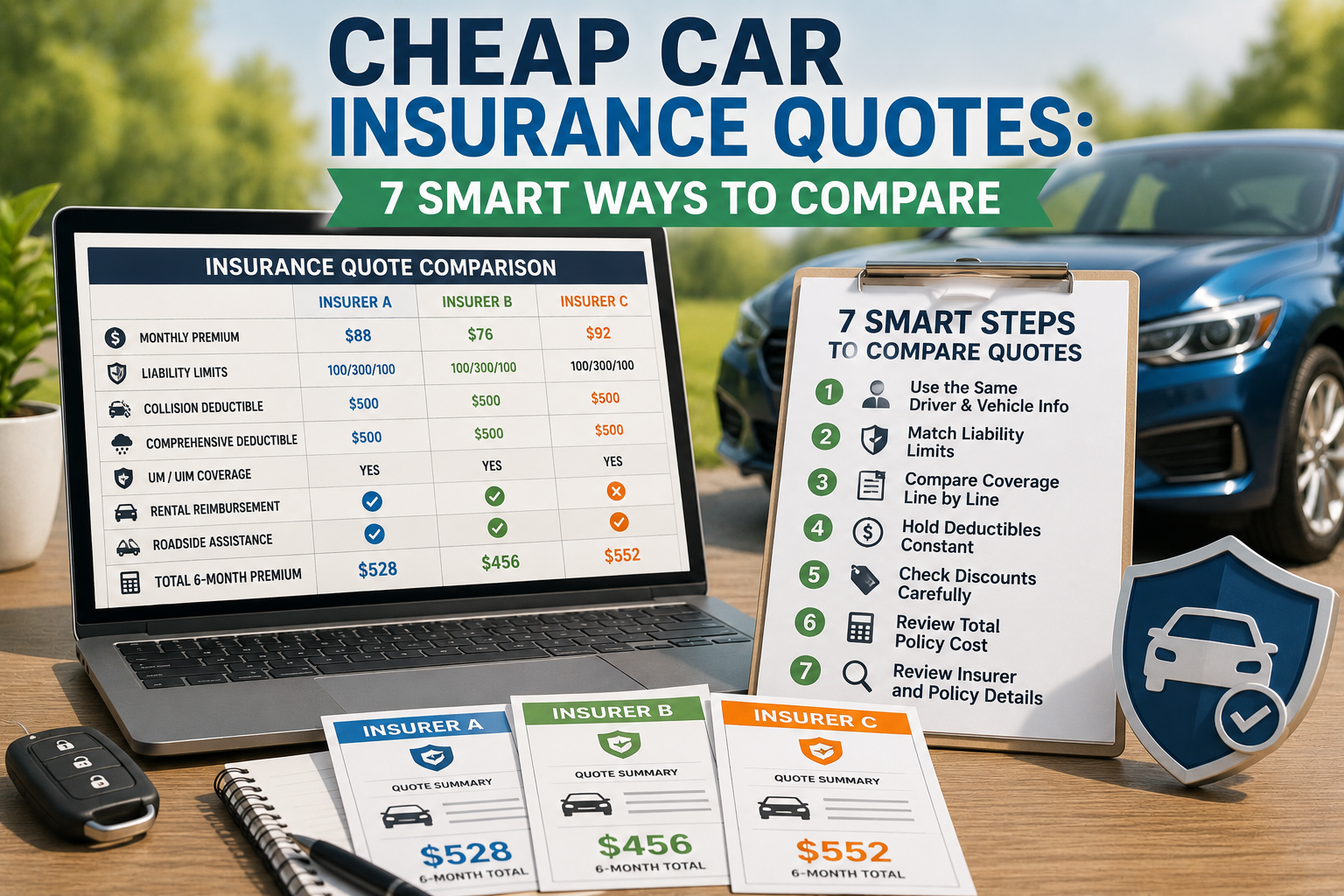 cheap car insurance quotes comparing premiums, coverage limits, deductibles and policy options