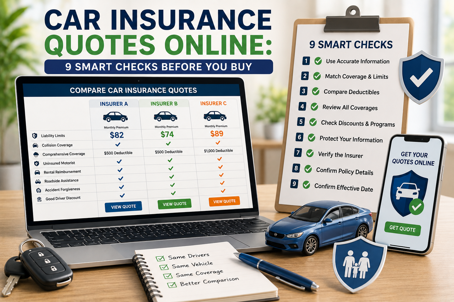 car insurance quotes online comparing coverage, deductibles, discounts and insurer details