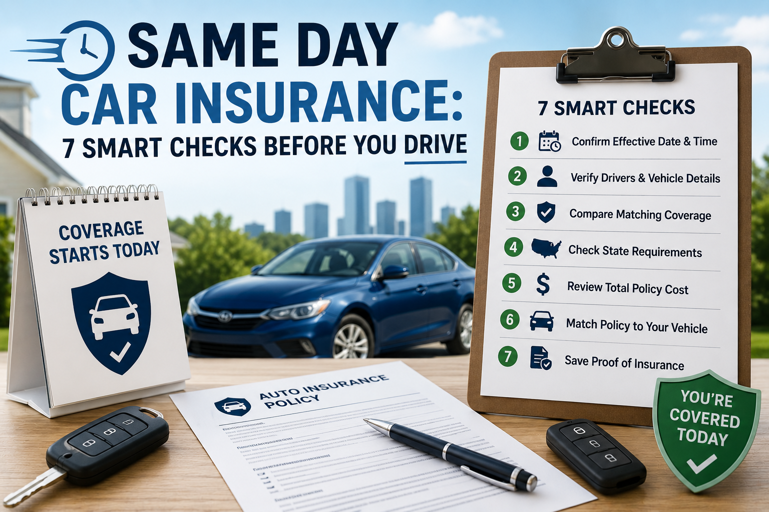 same day car insurance showing effective date, vehicle details, coverage checks and proof of insurance